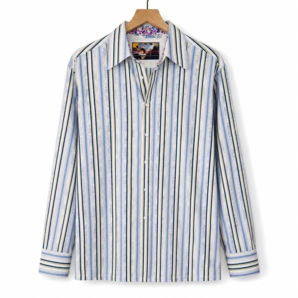 Robert Graham Button Down Shirt Stripe Silk Cotton Size XL Blue Green